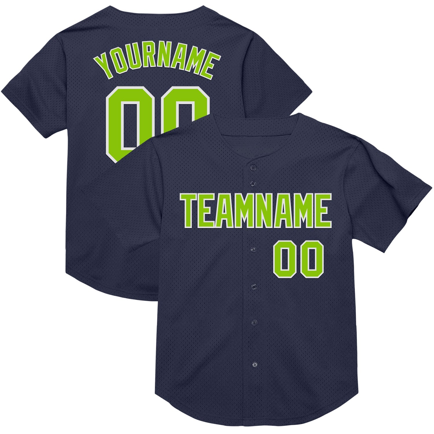 Custom Navy Neon Green-White Mesh Authentic Throwback Baseball Jersey - Main View