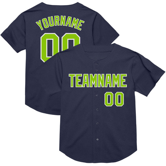 Custom Navy Neon Green-White Mesh Authentic Throwback Baseball Jersey - Main View