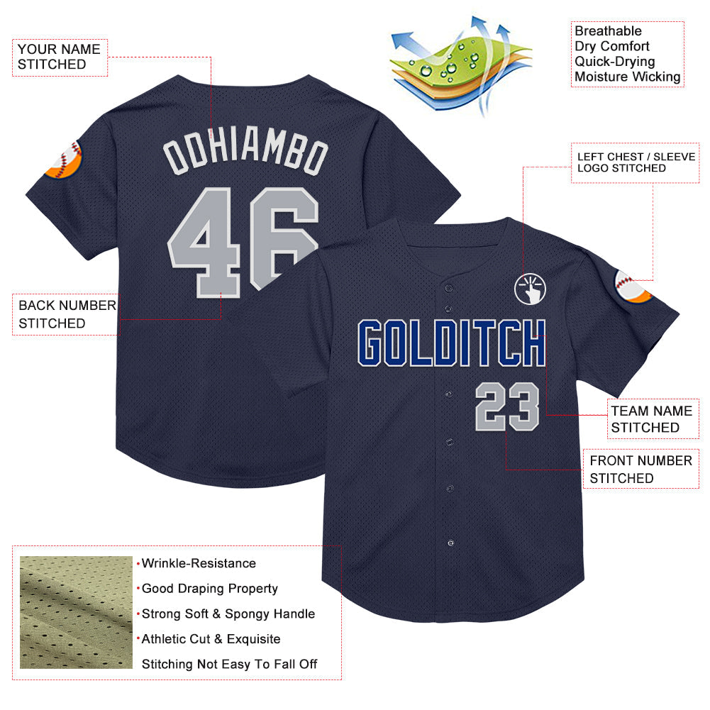 Custom Navy Gray-Royal Mesh Authentic Throwback Baseball Jersey view 3