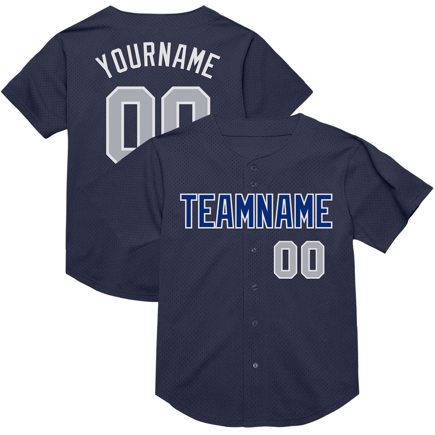 Custom Navy Gray-Royal Mesh Authentic Throwback Baseball Jersey - Main View