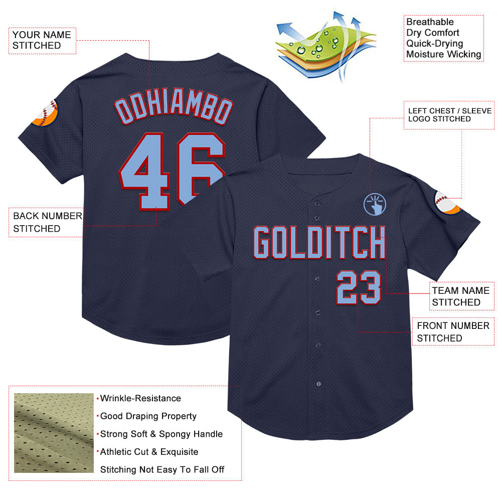 Custom Navy Light Blue-Red Mesh Authentic Throwback Baseball Jersey view 3
