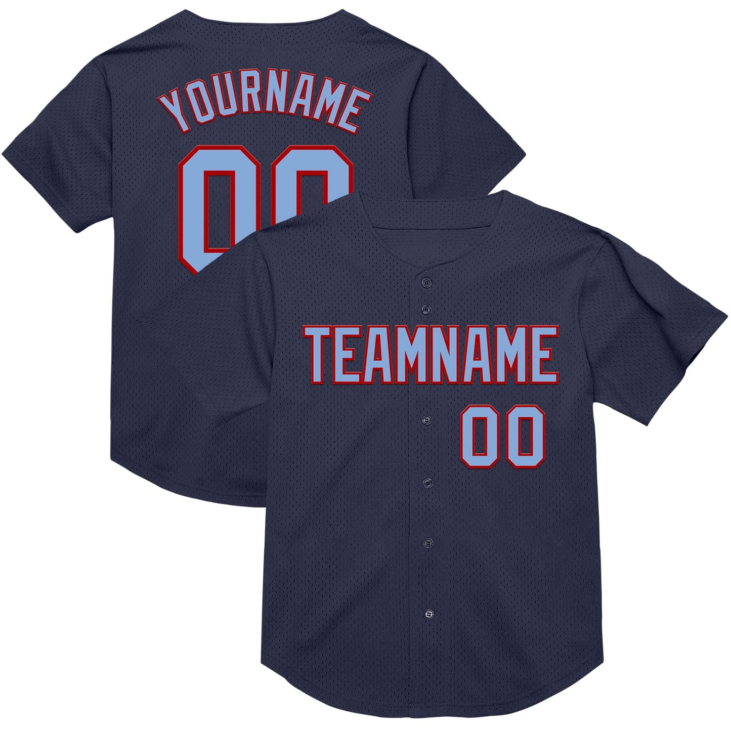 Custom Navy Light Blue-Red Mesh Authentic Throwback Baseball Jersey - Main View