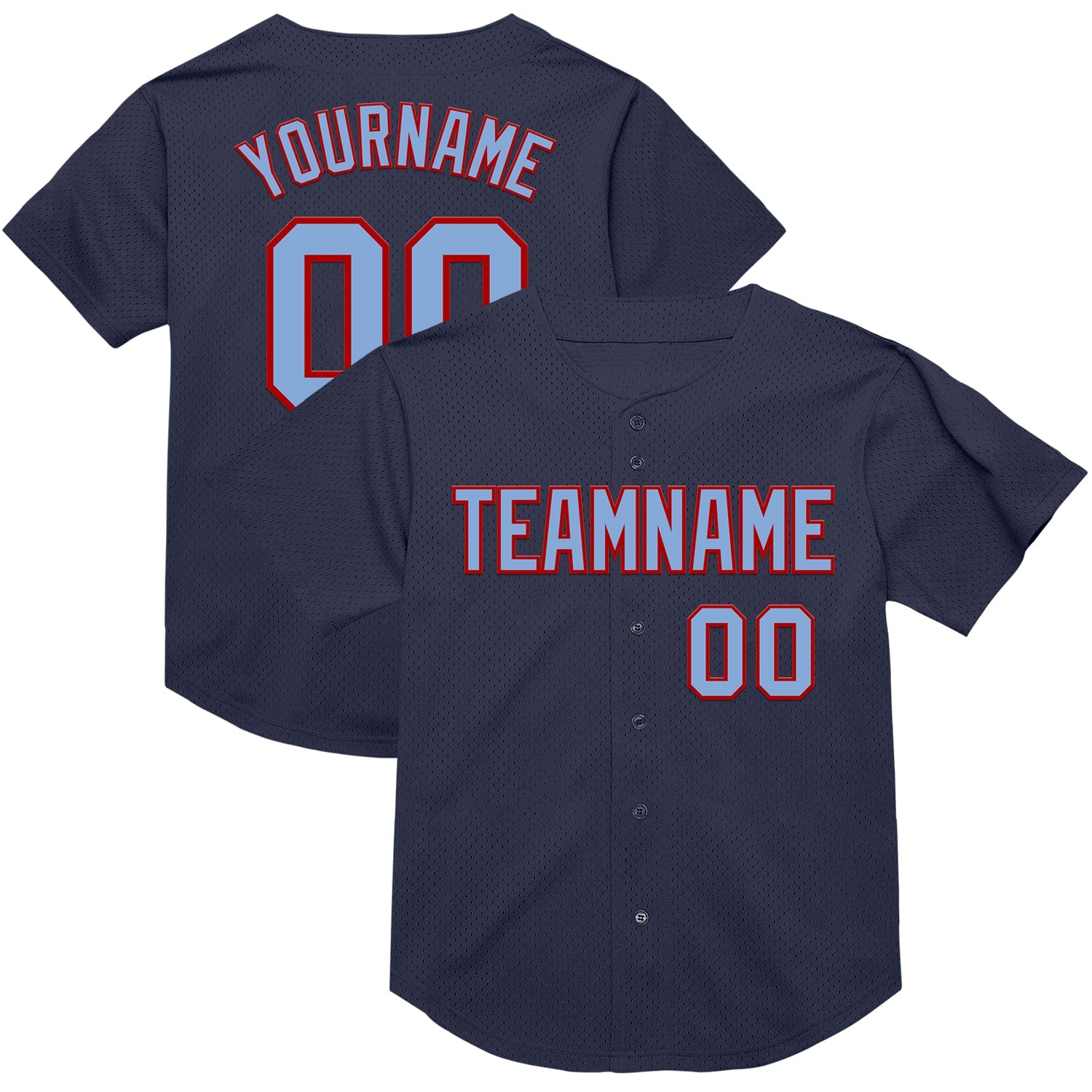 Custom Navy Light Blue-Red Mesh Authentic Throwback Baseball Jersey - Main View