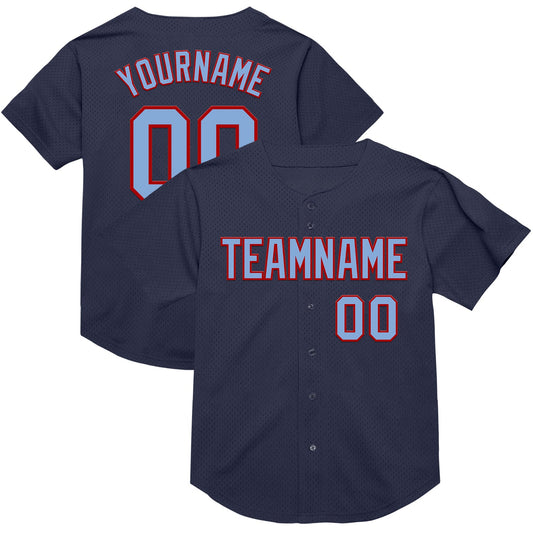 Custom Navy Light Blue-Red Mesh Authentic Throwback Baseball Jersey - Main View