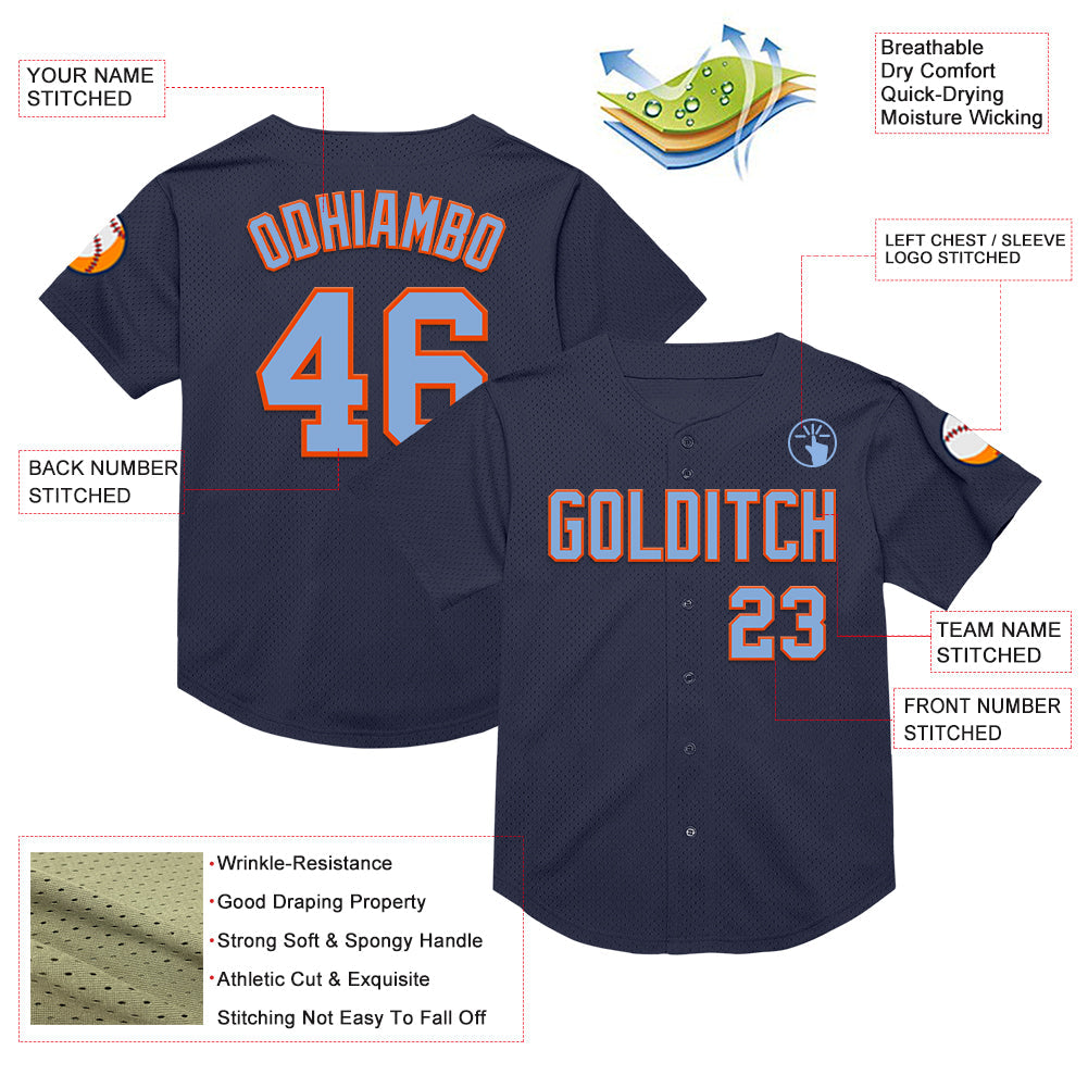 Custom Navy Light Blue-Orange Mesh Authentic Throwback Baseball Jersey view 3