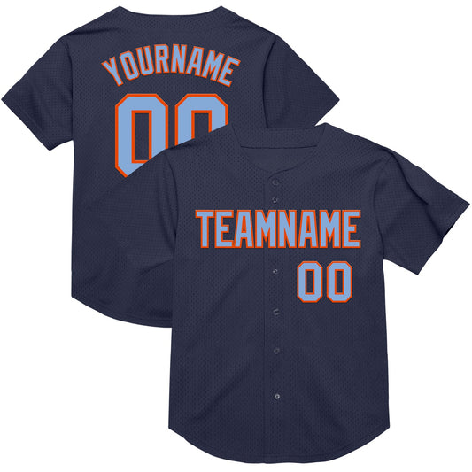 Custom Navy Light Blue-Orange Mesh Authentic Throwback Baseball Jersey - Main View
