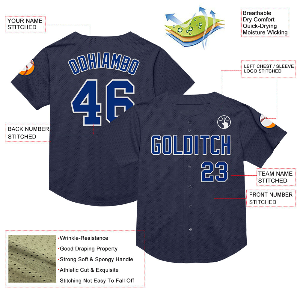 Custom Navy Royal-White Mesh Authentic Throwback Baseball Jersey view 3