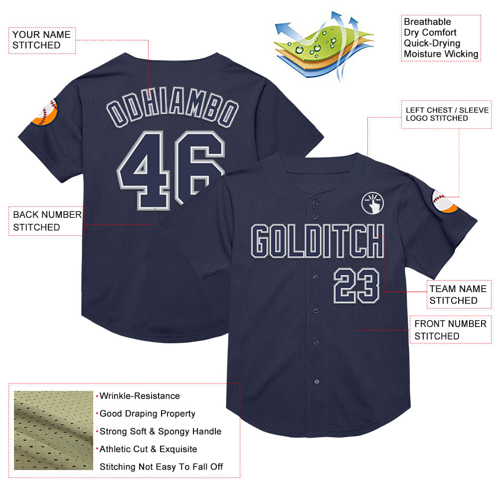 Custom Navy White-Gray Mesh Authentic Throwback Baseball Jersey view 3