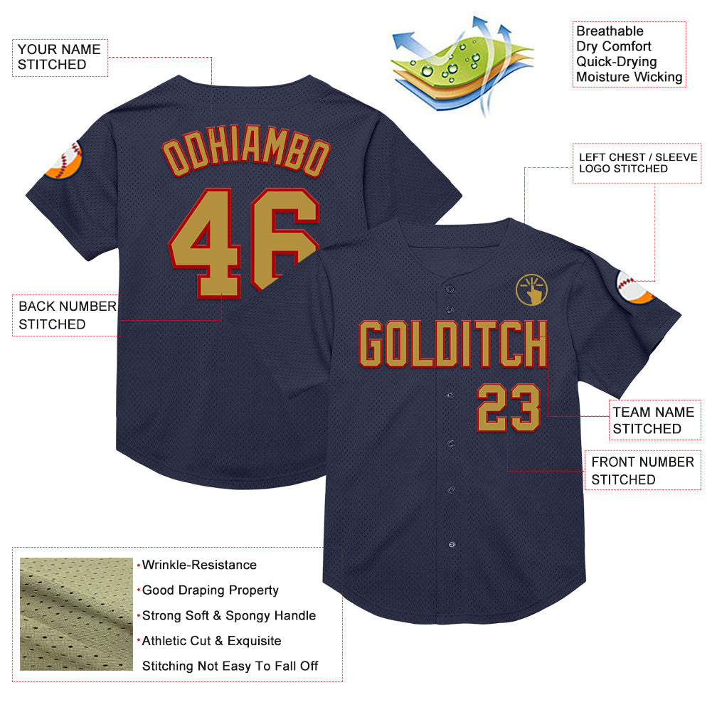 Custom Navy Old Gold-Red Mesh Authentic Throwback Baseball Jersey view 3