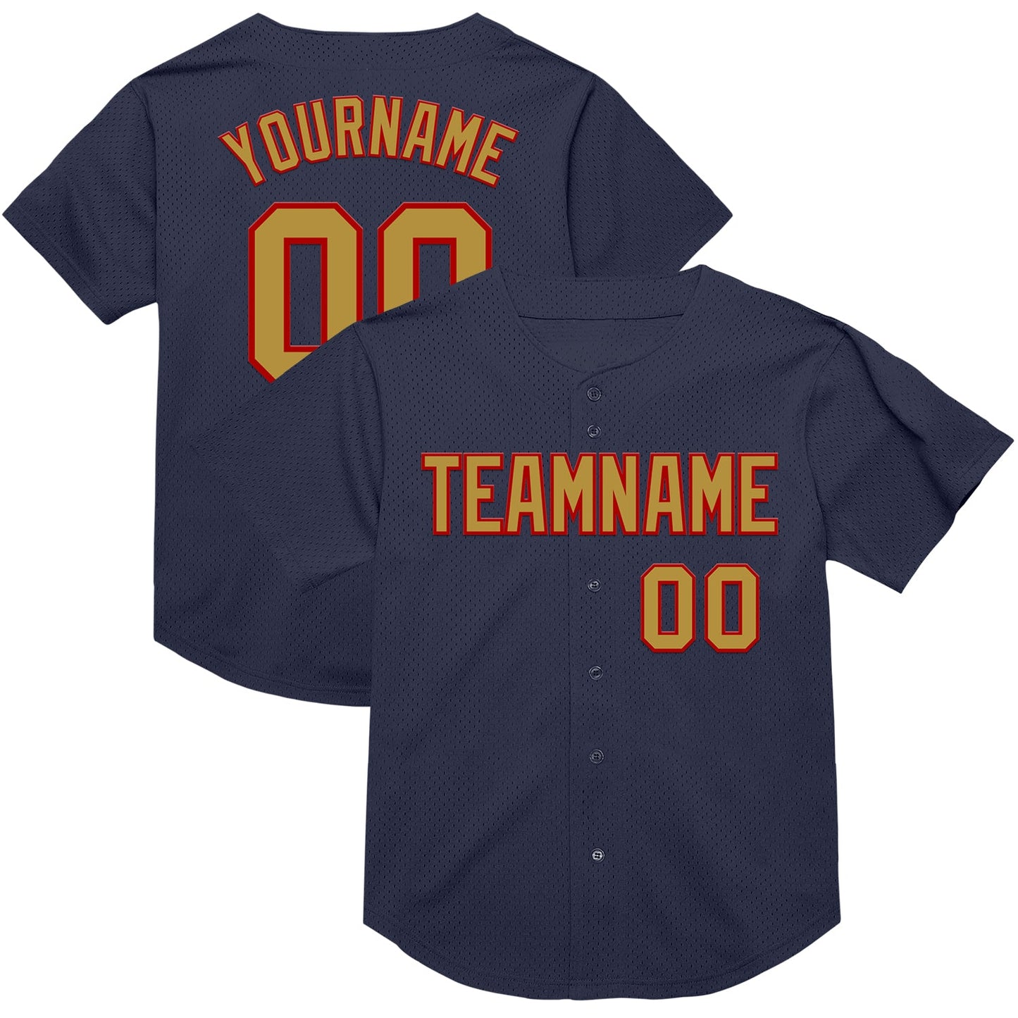 Custom Navy Old Gold-Red Mesh Authentic Throwback Baseball Jersey - Main View