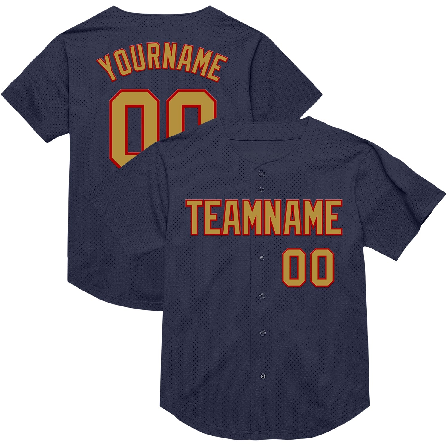 Custom Navy Old Gold-Red Mesh Authentic Throwback Baseball Jersey - Main View