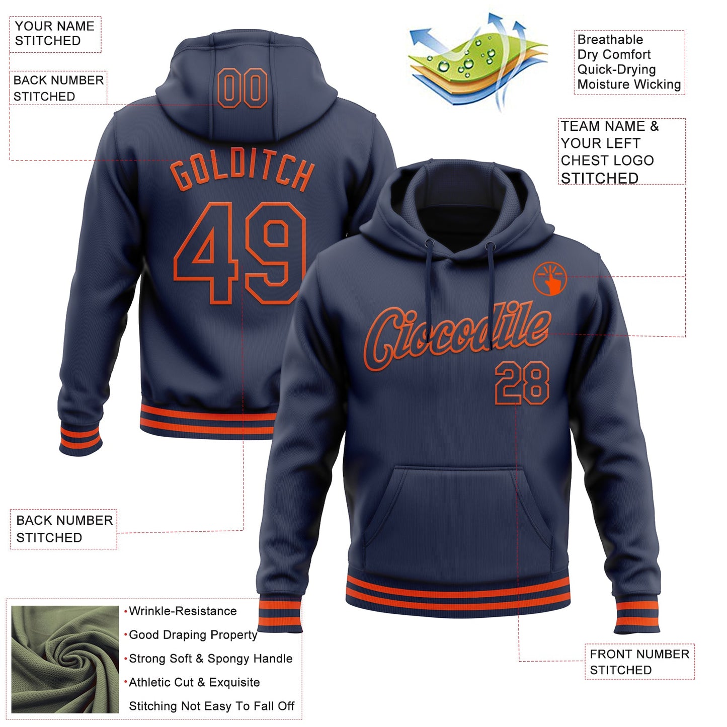 Custom Stitched Navy Orange Sports Pullover Sweatshirt Hoodie view 3