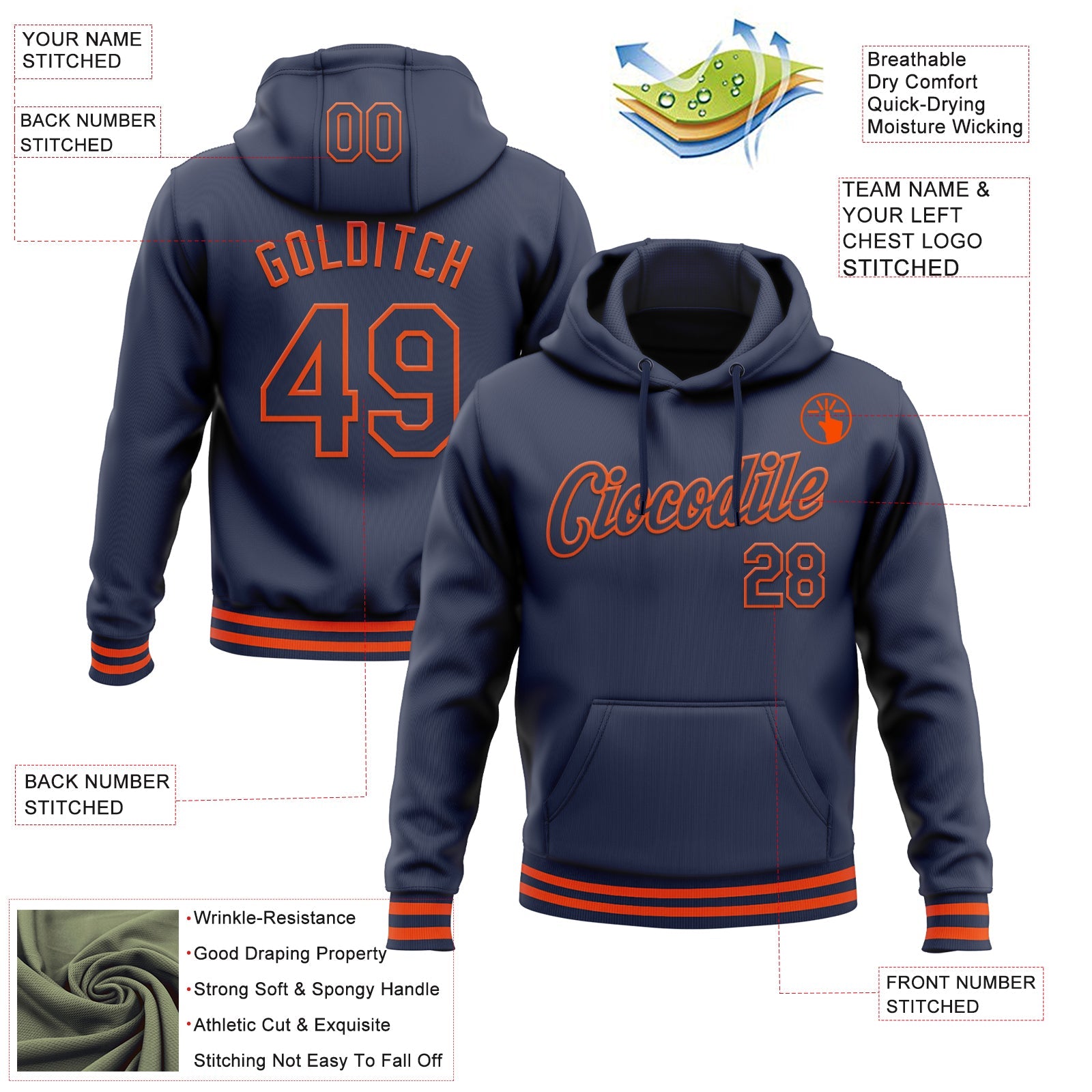 Custom Stitched Navy Orange Sports Pullover Sweatshirt Hoodie view 3