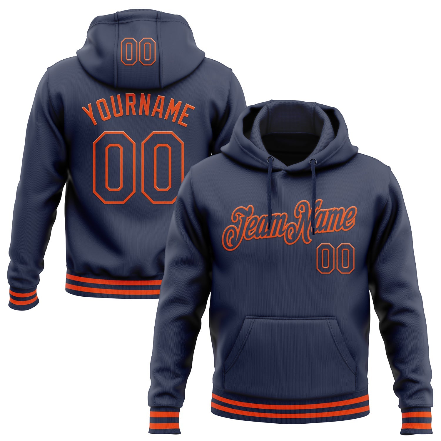 Custom Stitched Navy Orange Sports Pullover Sweatshirt Hoodie - Main View