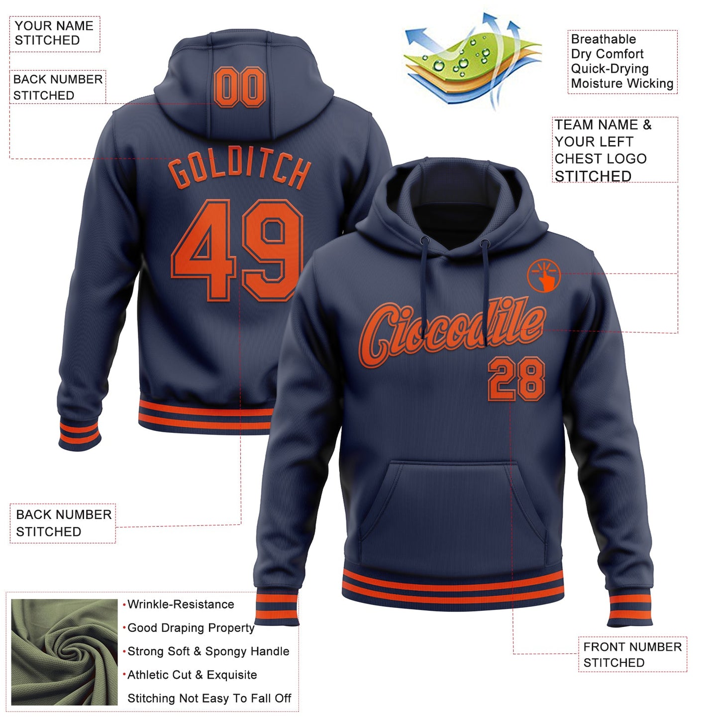 Custom Stitched Navy Orange Sports Pullover Sweatshirt Hoodie view 3