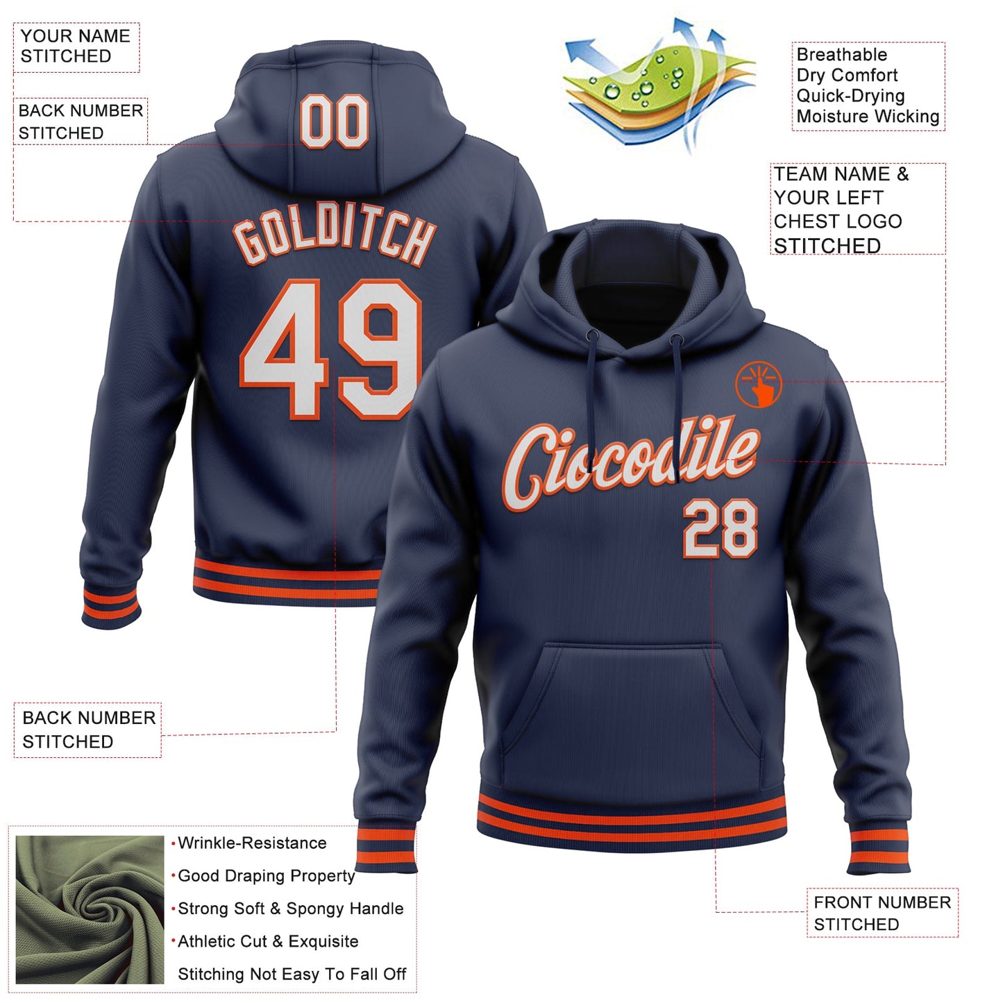 Custom Stitched Navy White-Orange Sports Pullover Sweatshirt Hoodie view 3