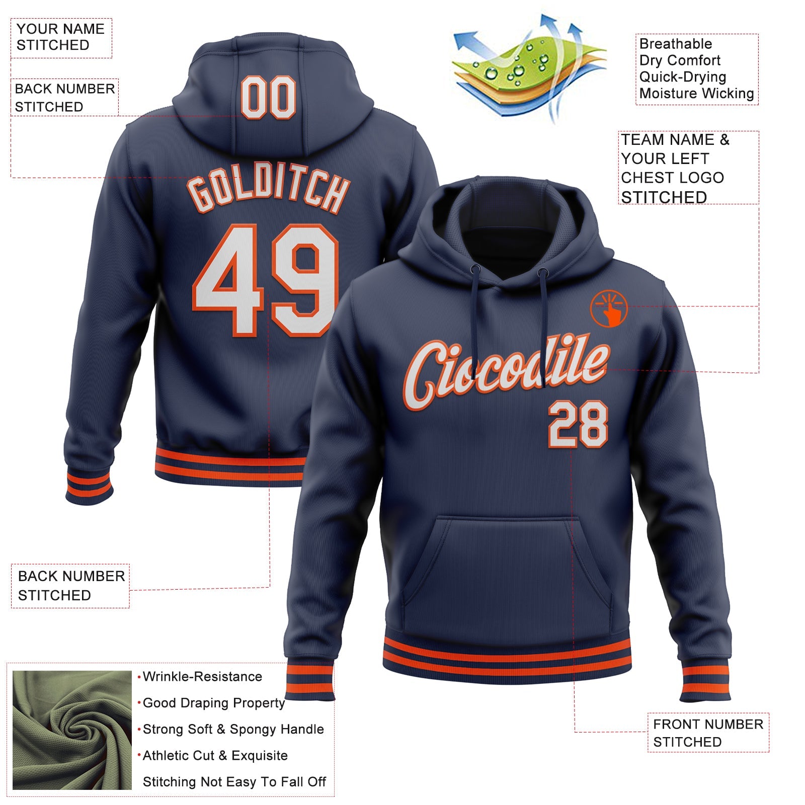 Custom Stitched Navy White-Orange Sports Pullover Sweatshirt Hoodie view 3