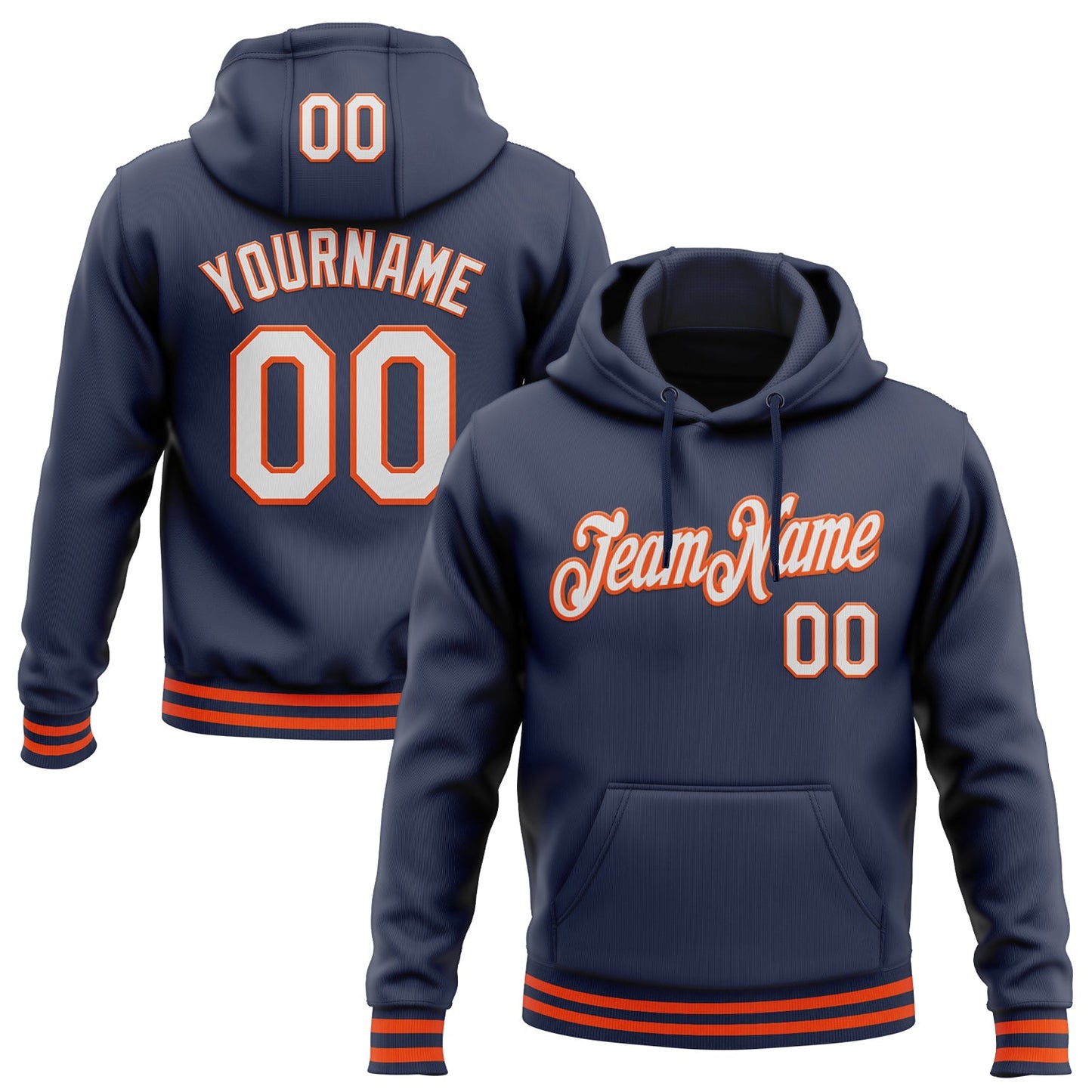 Custom Stitched Navy White-Orange Sports Pullover Sweatshirt Hoodie - Main View
