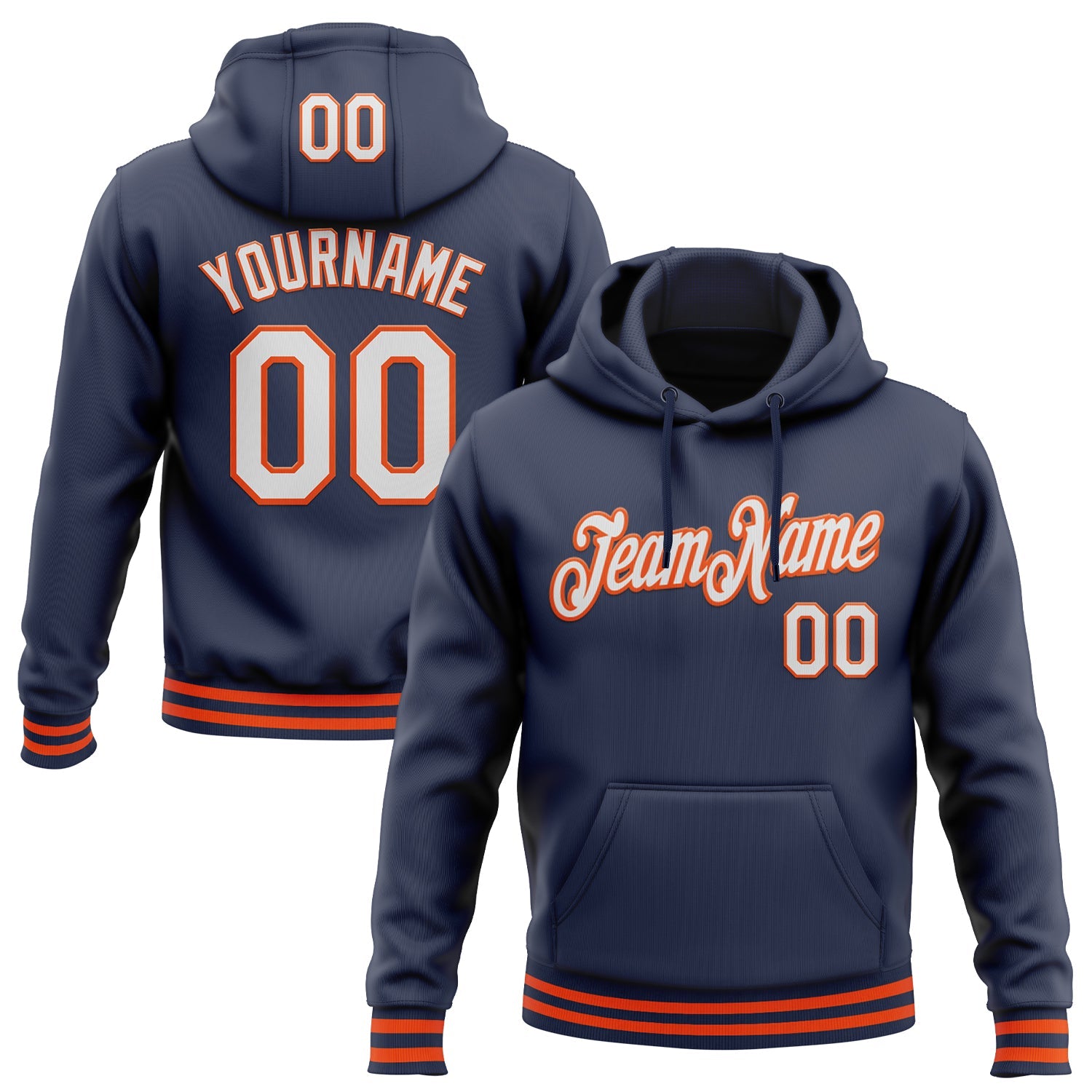 Custom Stitched Navy White-Orange Sports Pullover Sweatshirt Hoodie - Main View