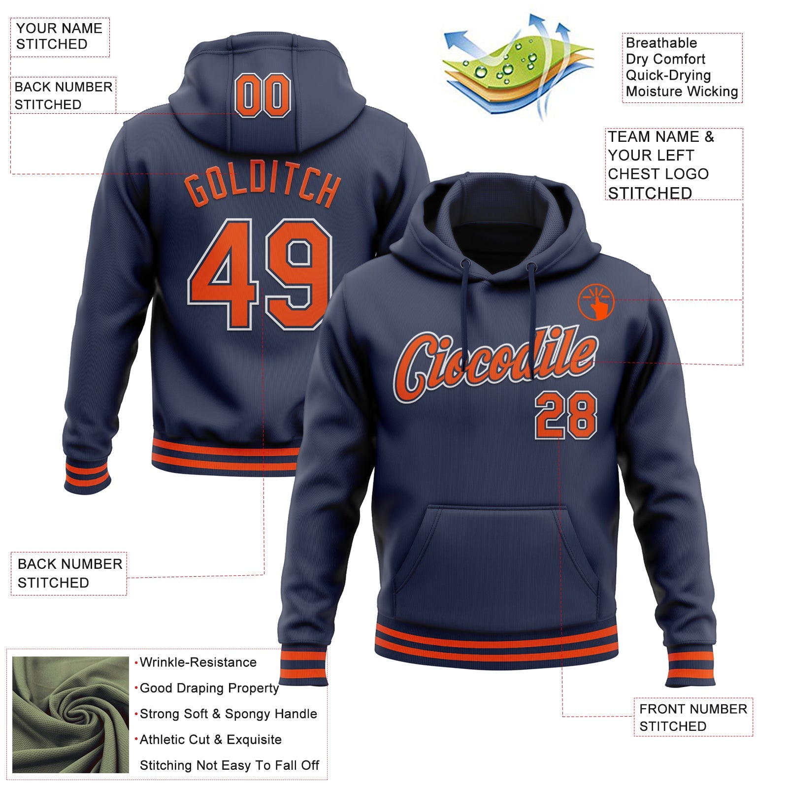 Custom Stitched Navy Orange-White Sports Pullover Sweatshirt Hoodie view 3