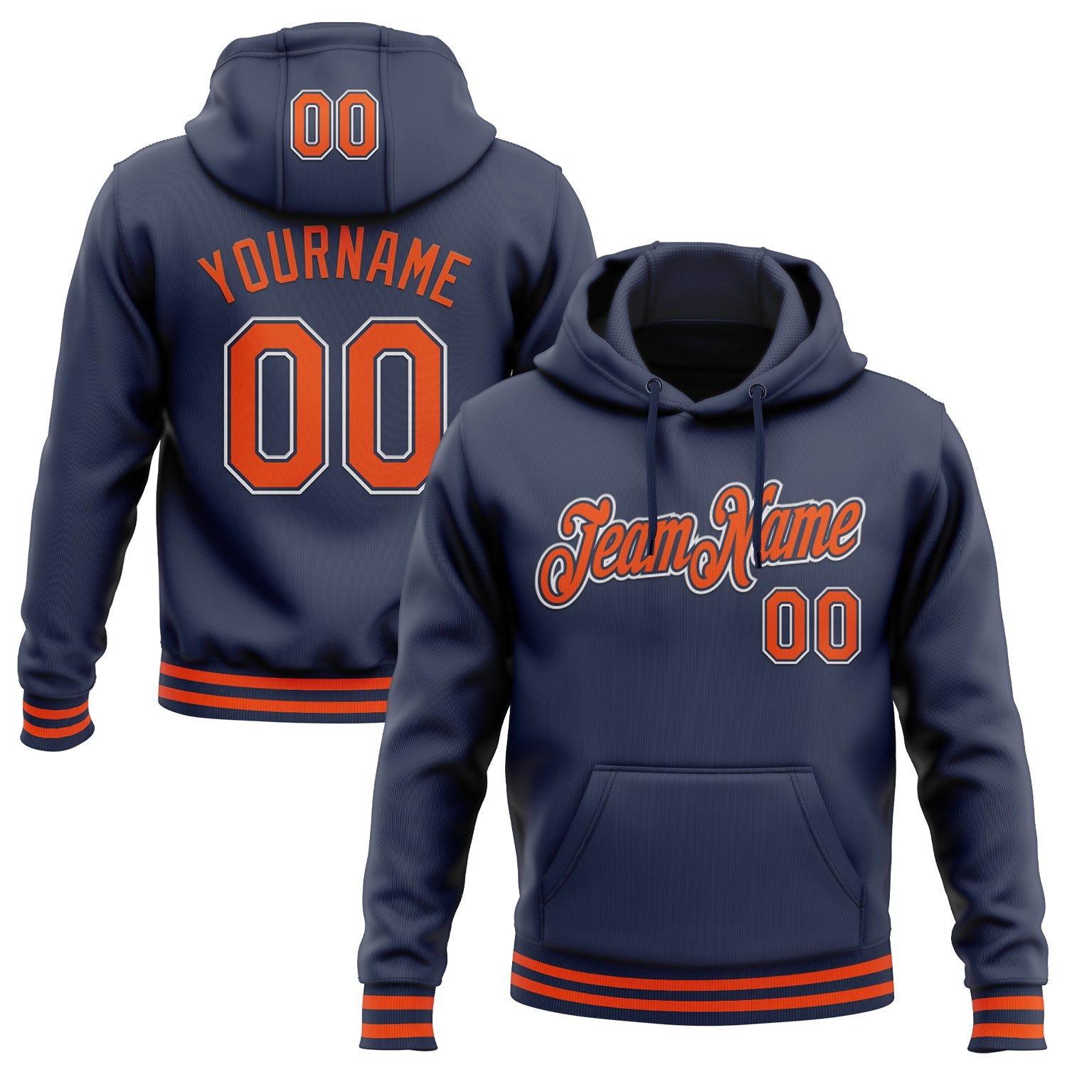 Custom Stitched Navy Orange-White Sports Pullover Sweatshirt Hoodie - Main View