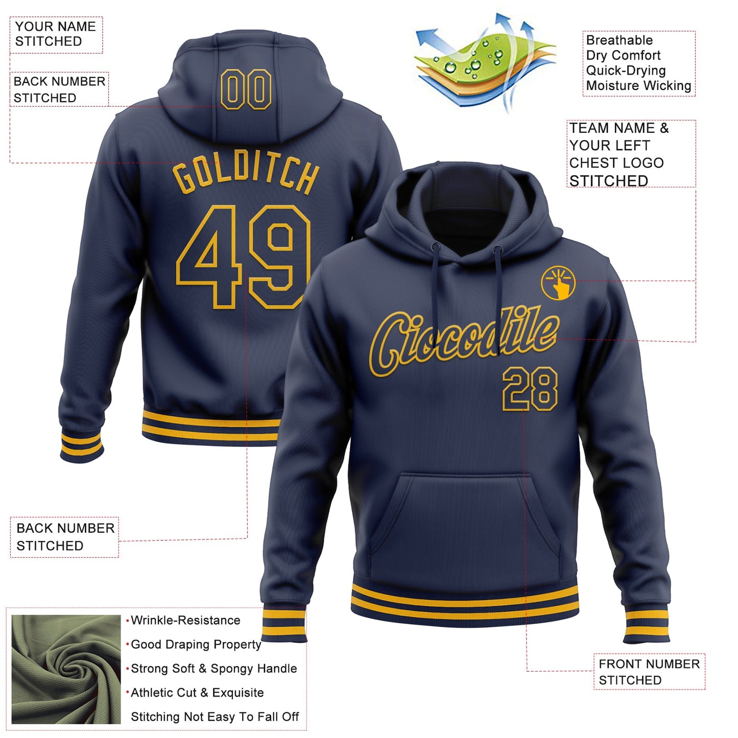 Custom Stitched Navy Gold Sports Pullover Sweatshirt Hoodie view 3