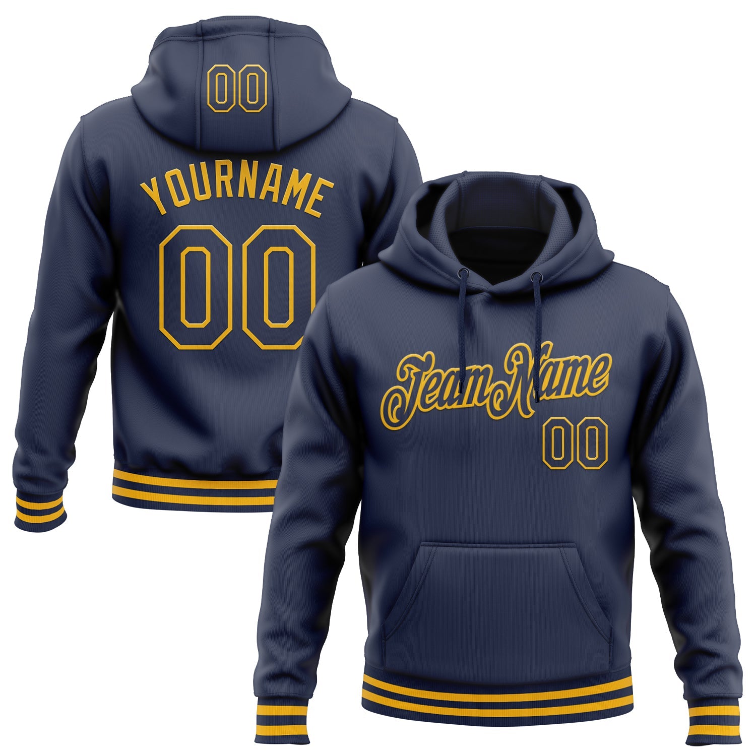Custom Stitched Navy Gold Sports Pullover Sweatshirt Hoodie - Main View