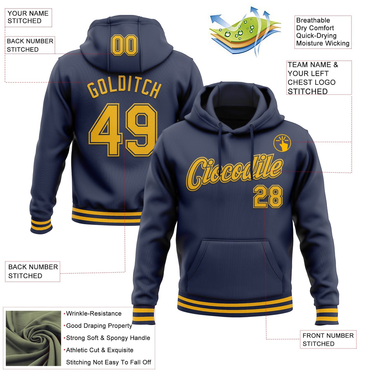 Custom Stitched Navy Gold Sports Pullover Sweatshirt Hoodie view 3
