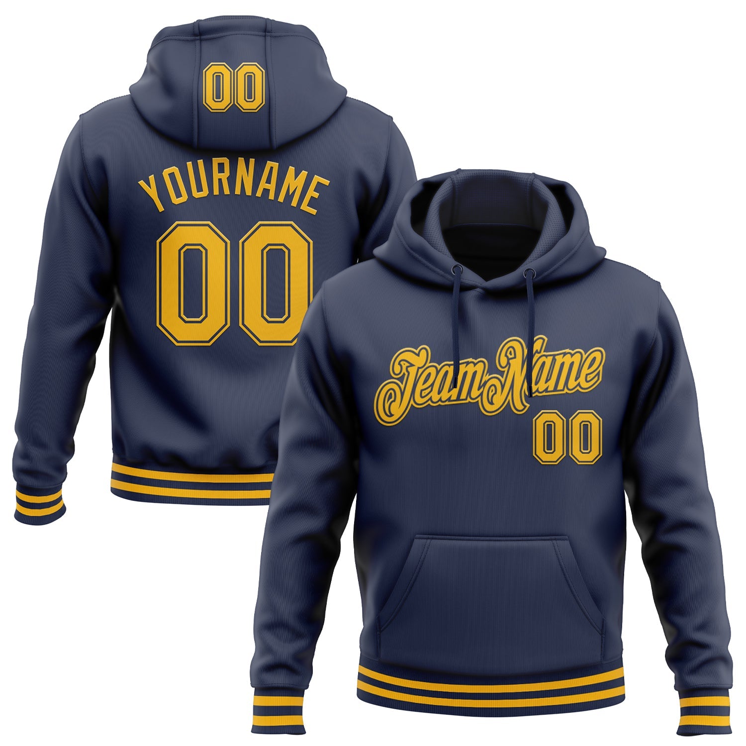 Custom Stitched Navy Gold Sports Pullover Sweatshirt Hoodie - Main View
