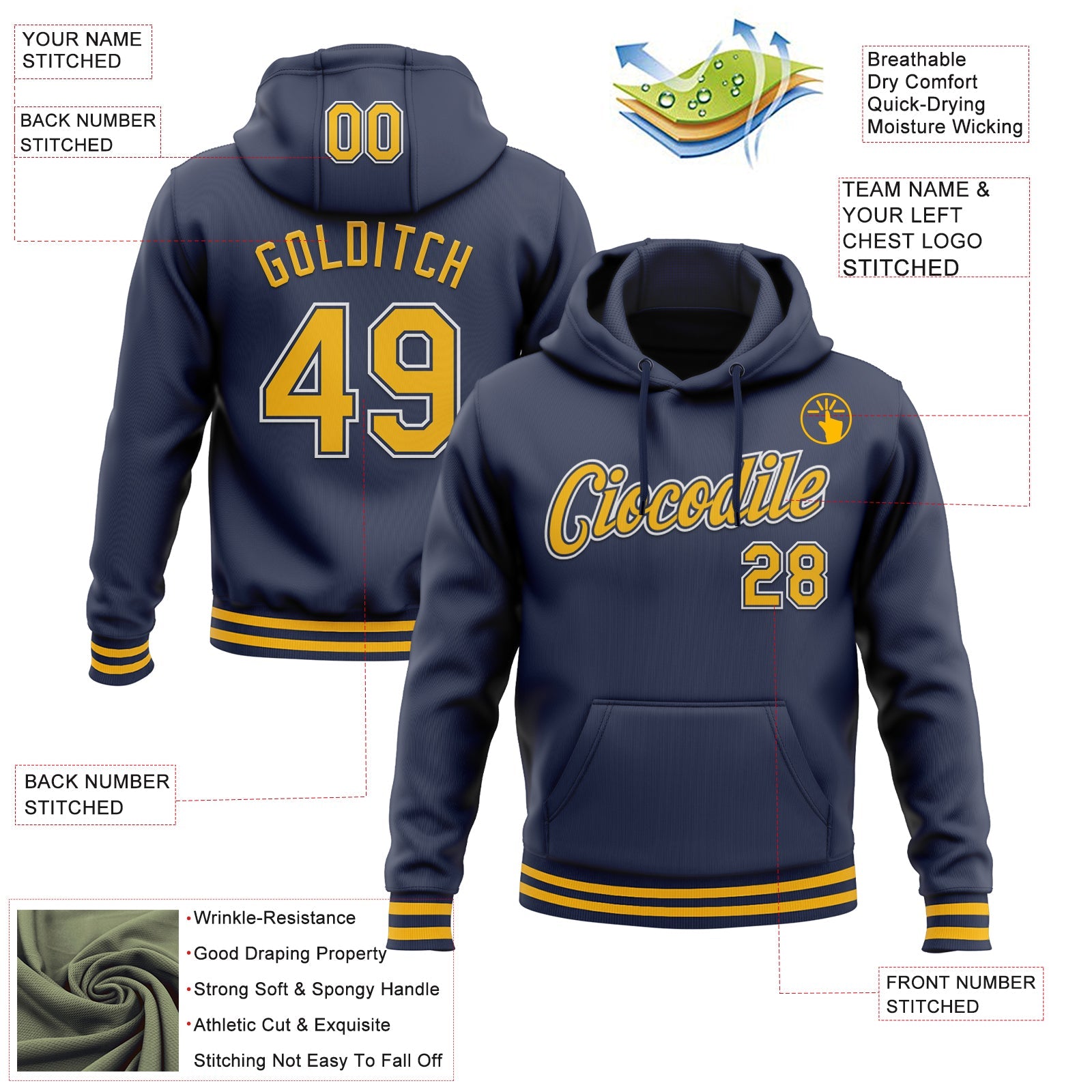 Custom Stitched Navy Gold-White Sports Pullover Sweatshirt Hoodie view 3