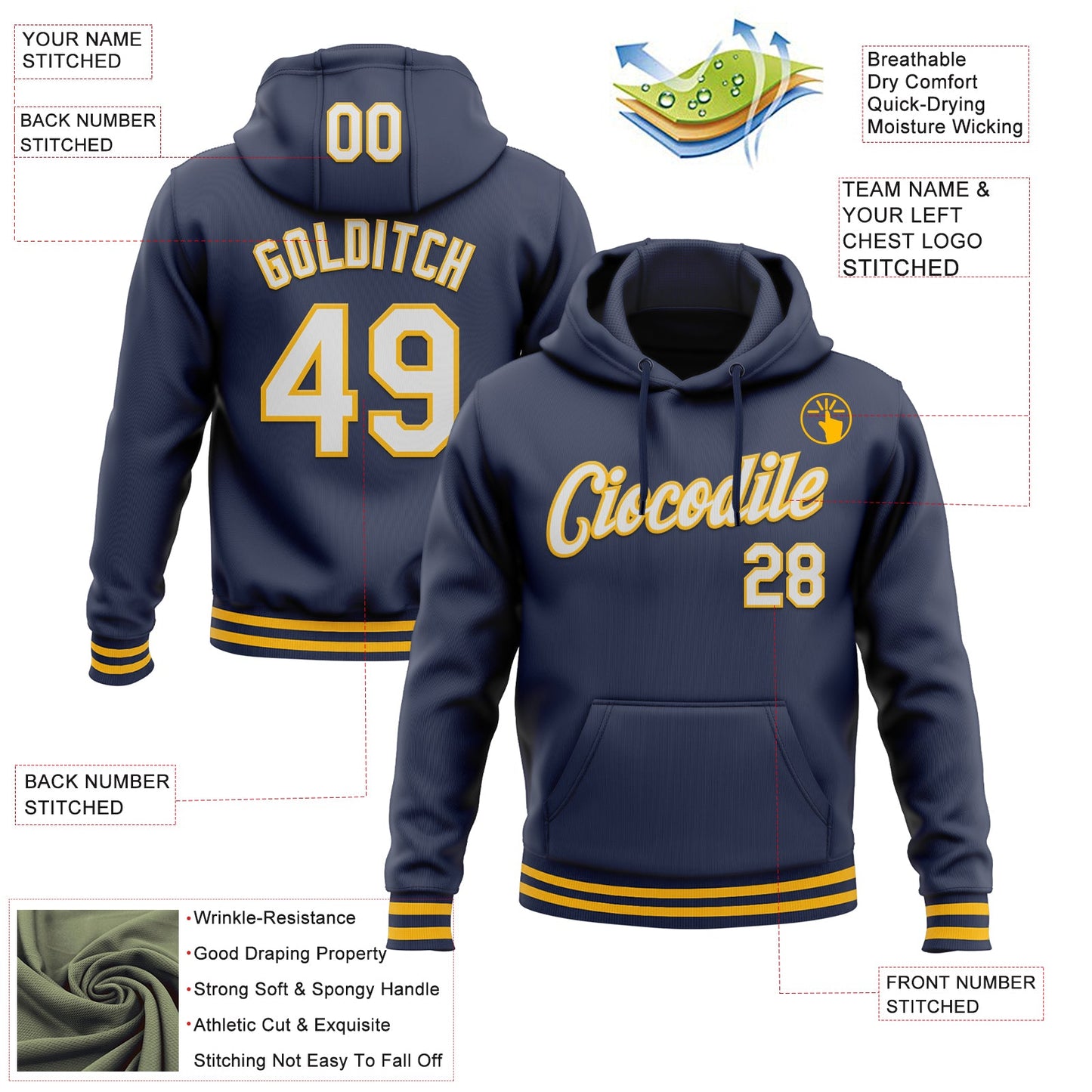 Custom Stitched Navy White-Gold Sports Pullover Sweatshirt Hoodie view 3