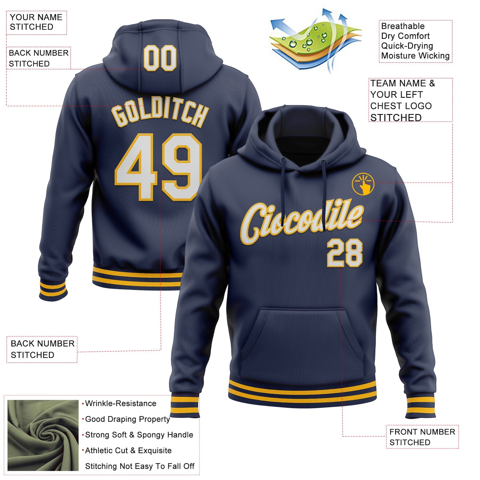Custom Stitched Navy White-Gold Sports Pullover Sweatshirt Hoodie view 3