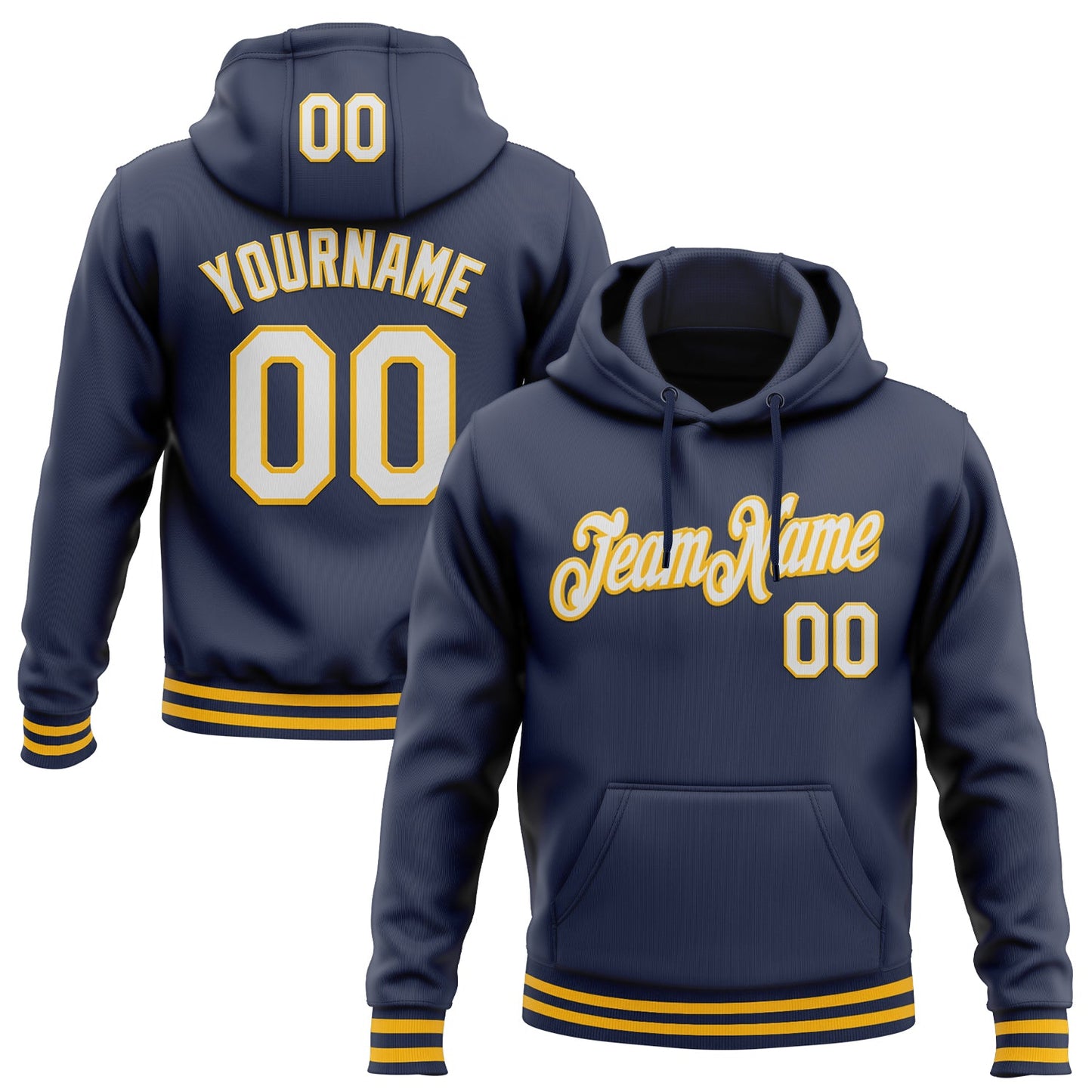 Custom Stitched Navy White-Gold Sports Pullover Sweatshirt Hoodie - Main View