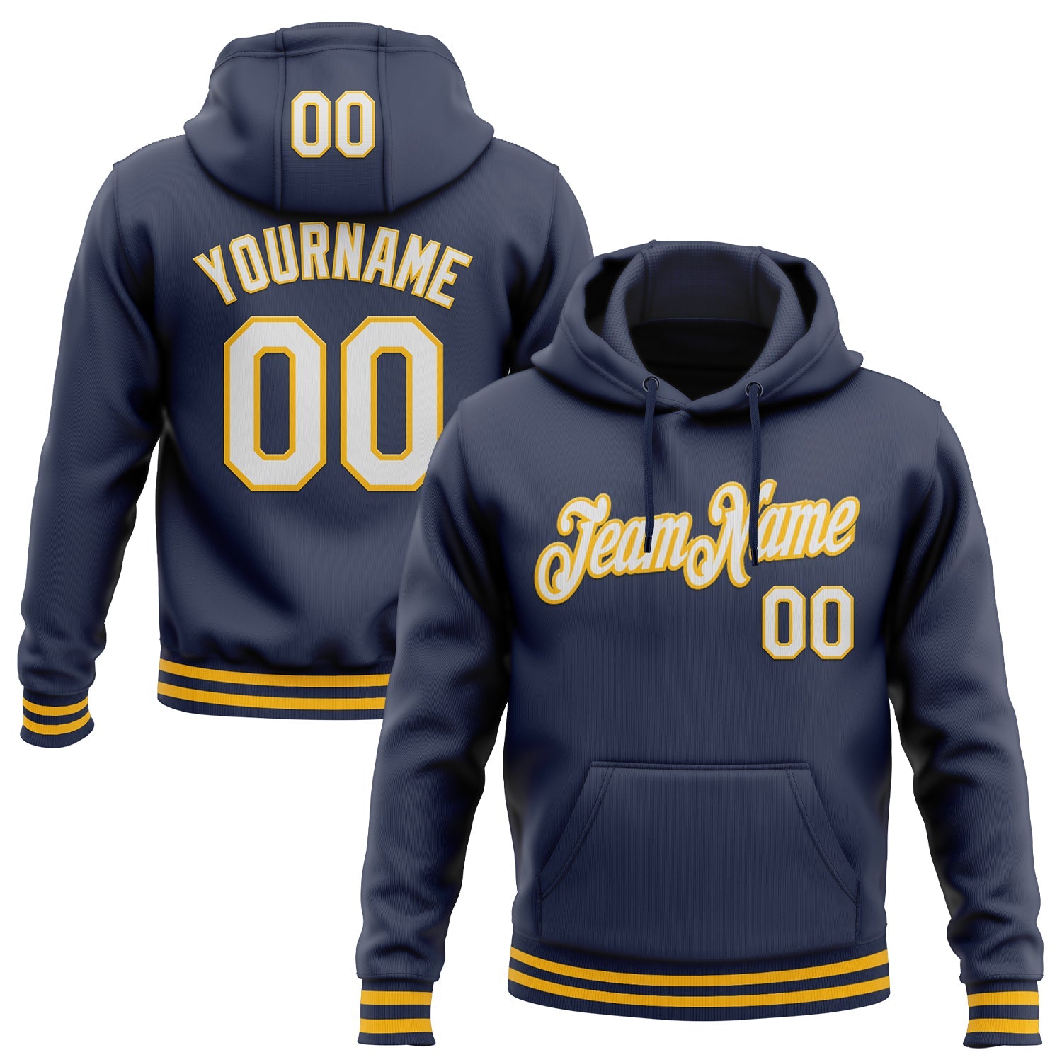 Custom Stitched Navy White-Gold Sports Pullover Sweatshirt Hoodie - Main View