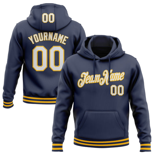 Custom Stitched Navy White-Gold Sports Pullover Sweatshirt Hoodie - Main View