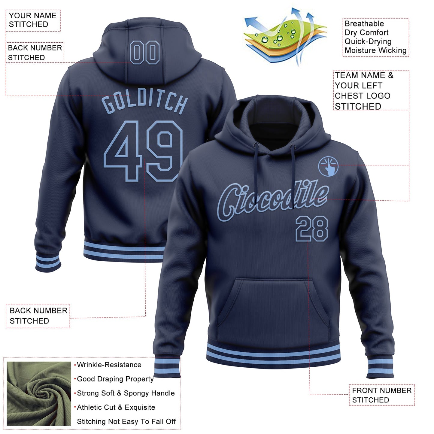Custom Stitched Navy Light Blue Sports Pullover Sweatshirt Hoodie view 3