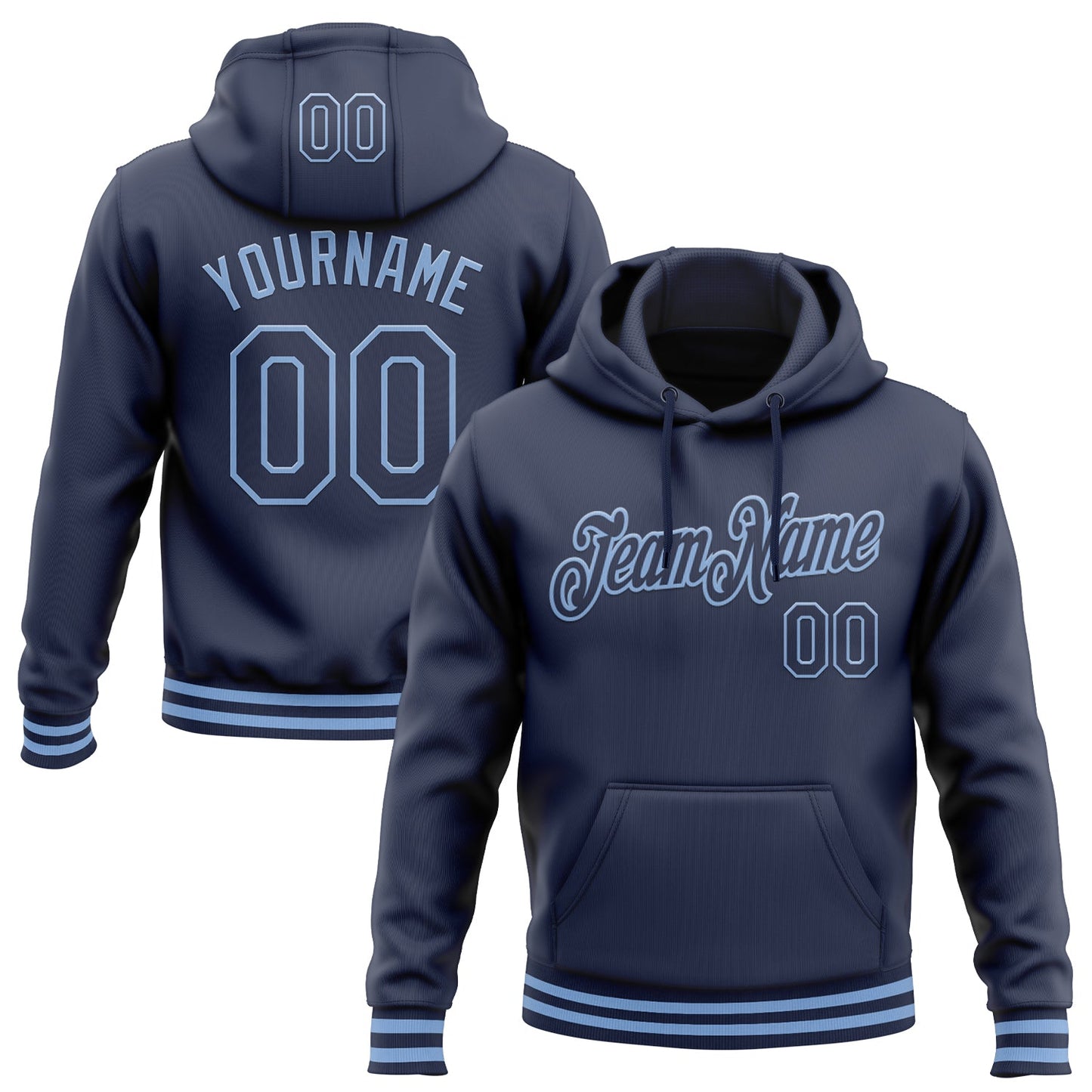 Custom Stitched Navy Light Blue Sports Pullover Sweatshirt Hoodie - Main View
