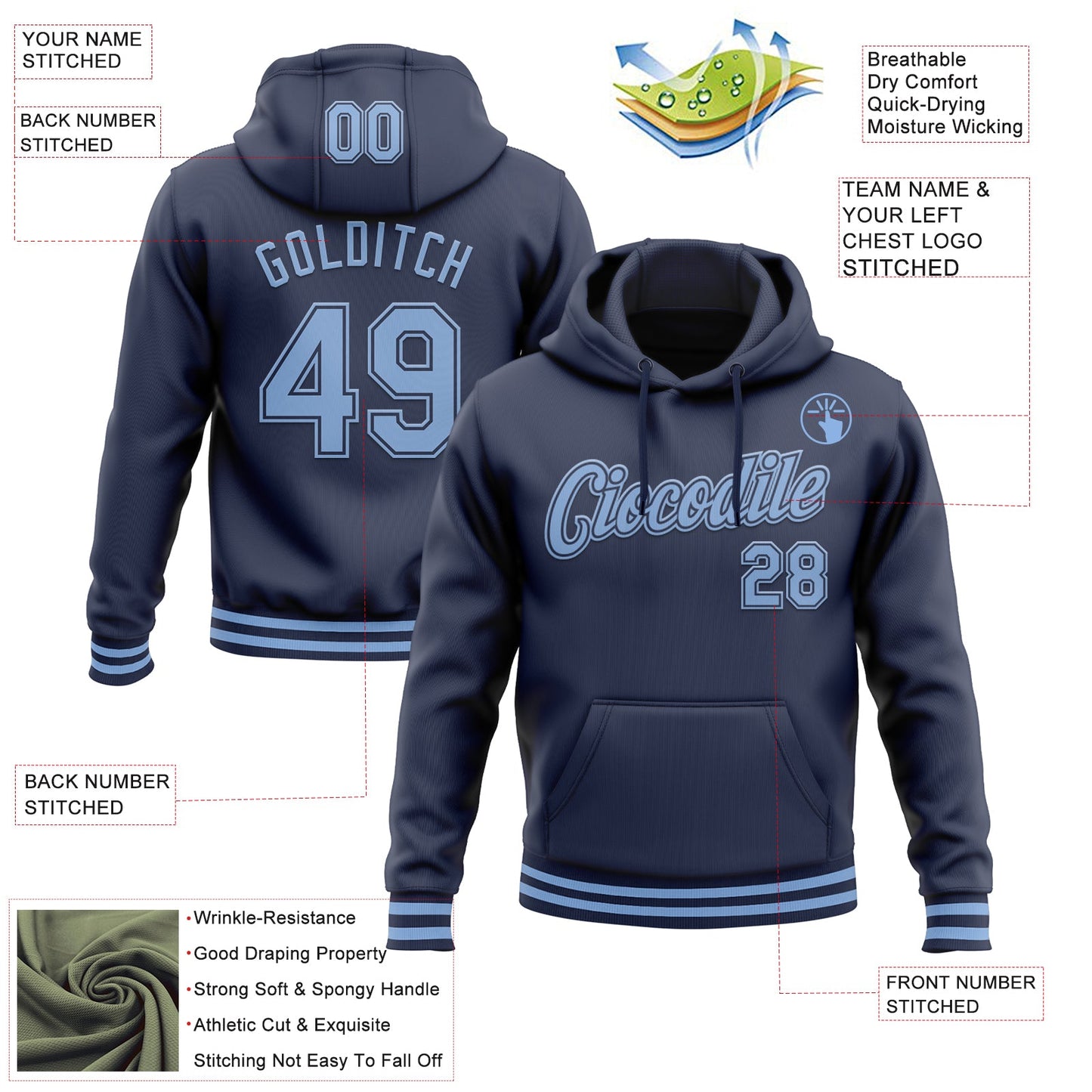 Custom Stitched Navy Light Blue Sports Pullover Sweatshirt Hoodie view 3