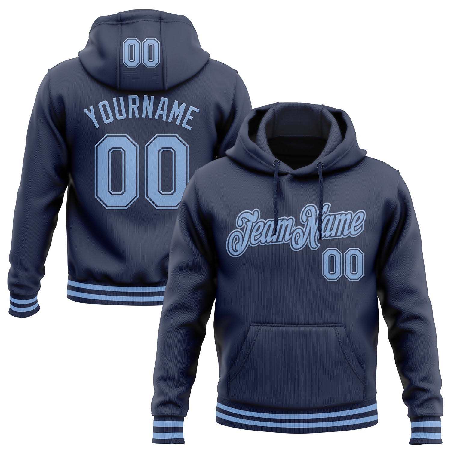 Custom Stitched Navy Light Blue Sports Pullover Sweatshirt Hoodie - Main View