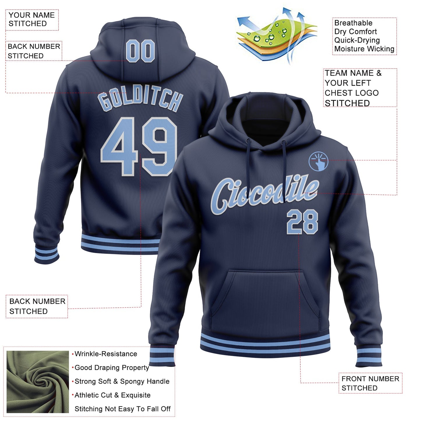 Custom Stitched Navy Light Blue-White Sports Pullover Sweatshirt Hoodie view 3