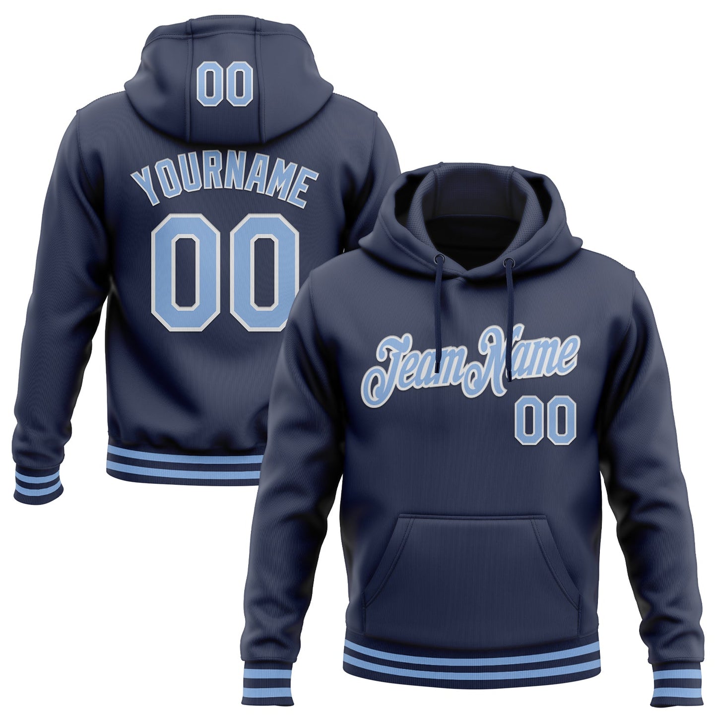 Custom Stitched Navy Light Blue-White Sports Pullover Sweatshirt Hoodie - Main View