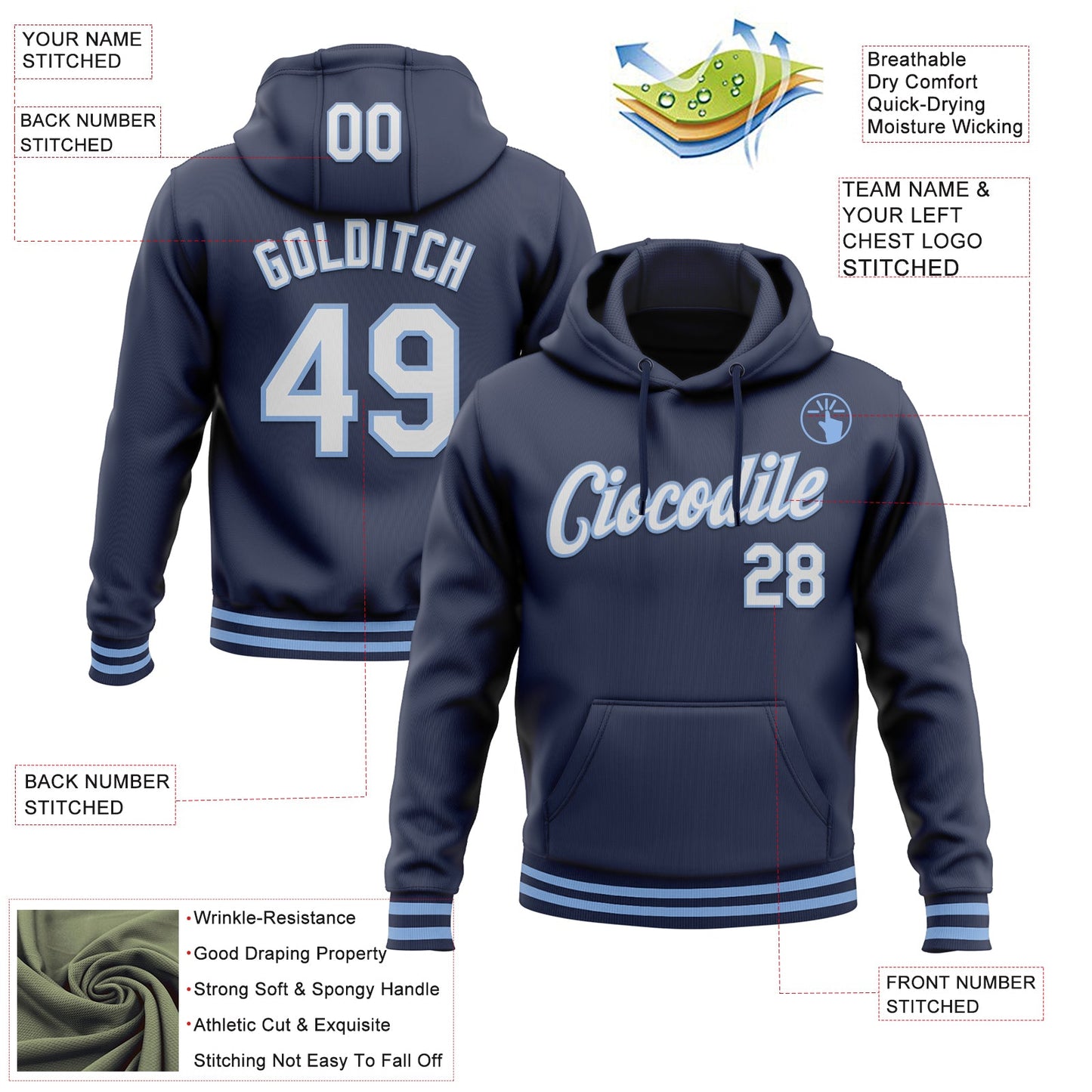 Custom Stitched Navy White-Light Blue Sports Pullover Sweatshirt Hoodie view 3