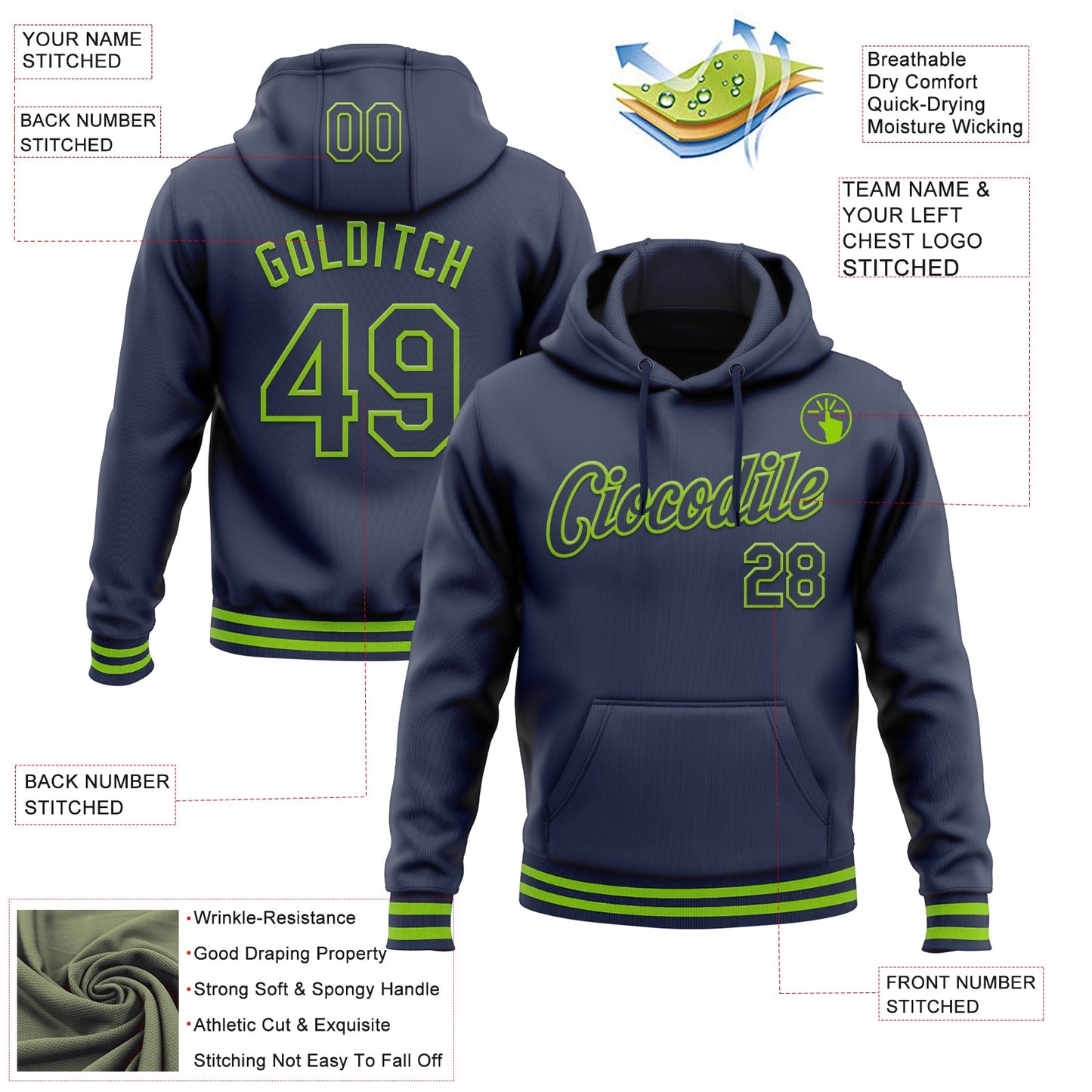 Custom Stitched Navy Neon Green Sports Pullover Sweatshirt Hoodie view 3