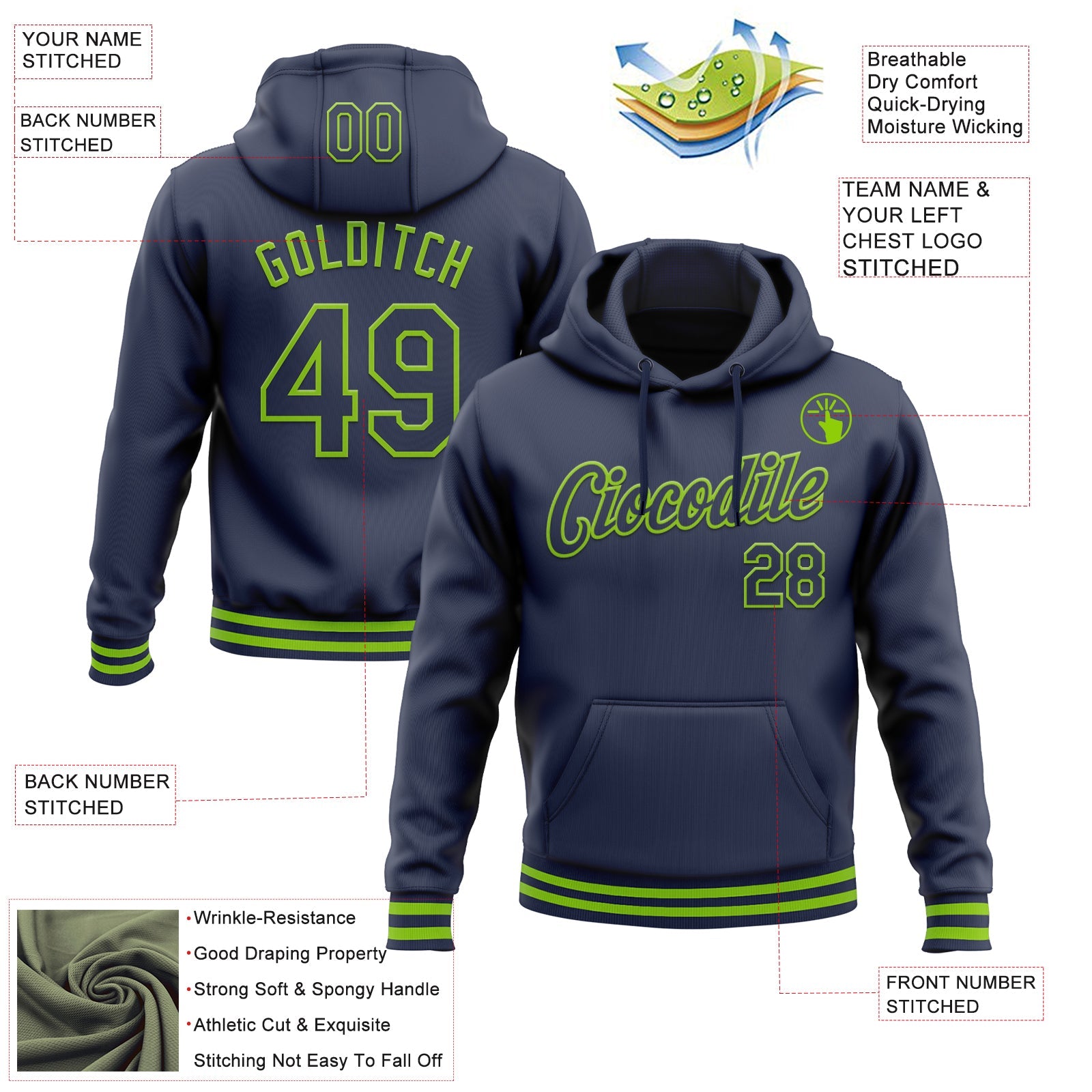 Custom Stitched Navy Neon Green Sports Pullover Sweatshirt Hoodie view 3