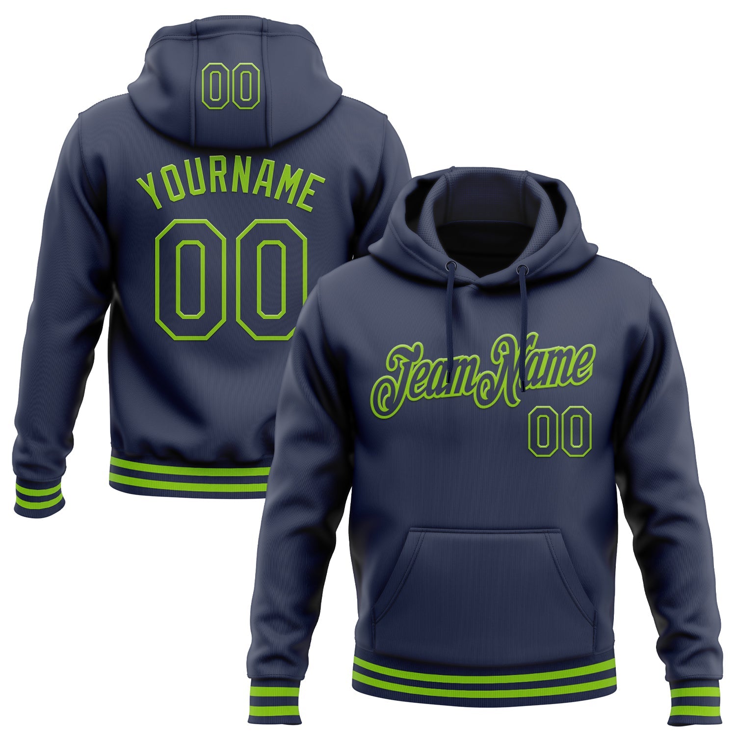 Custom Stitched Navy Neon Green Sports Pullover Sweatshirt Hoodie - Main View
