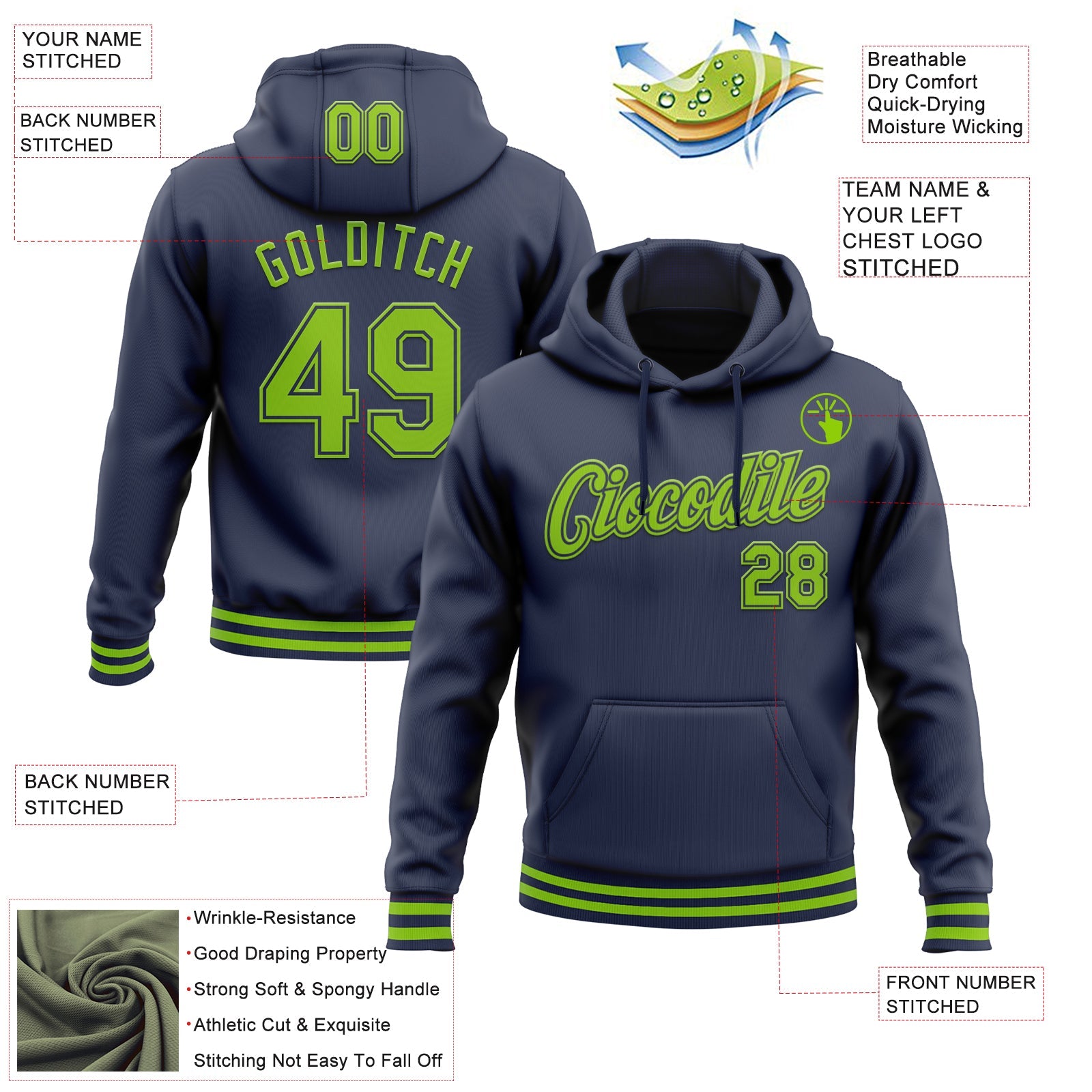 Custom Stitched Navy Neon Green Sports Pullover Sweatshirt Hoodie view 3