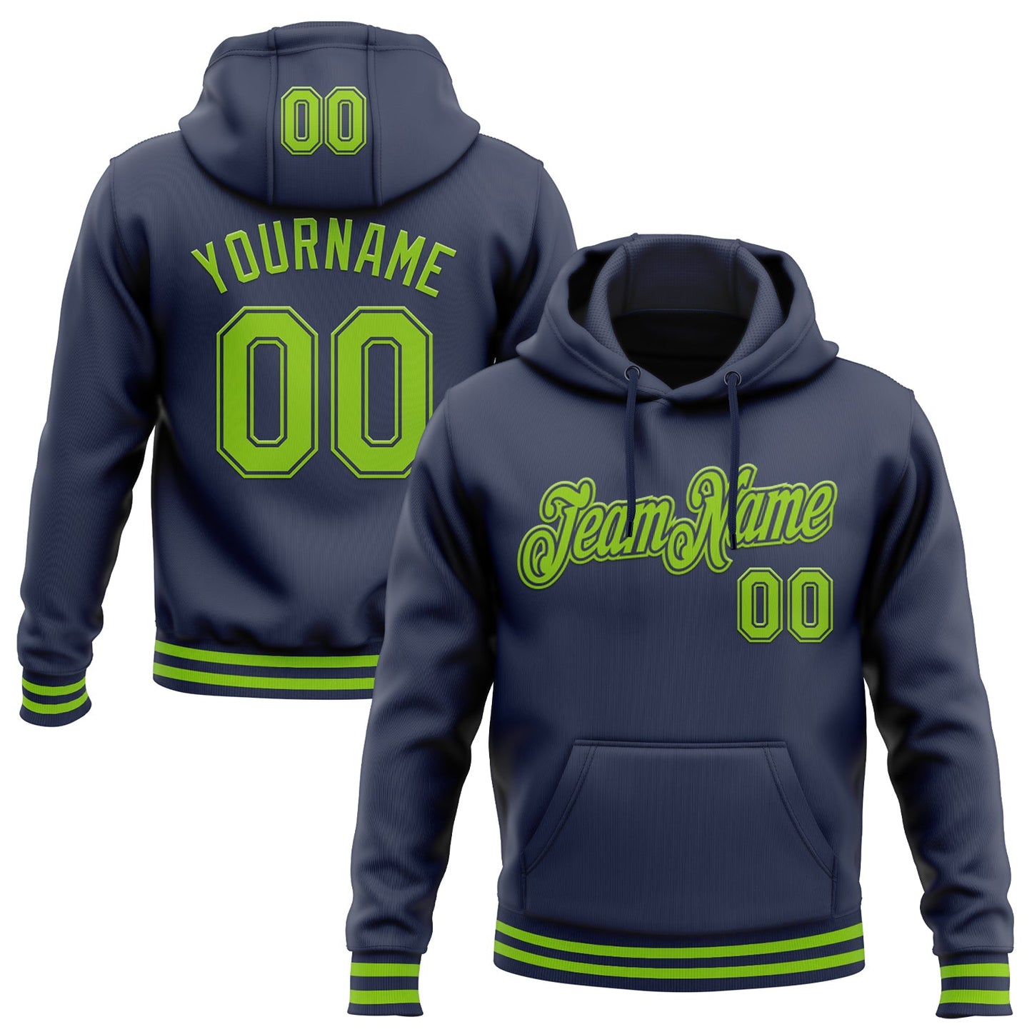 Custom Stitched Navy Neon Green Sports Pullover Sweatshirt Hoodie - Main View