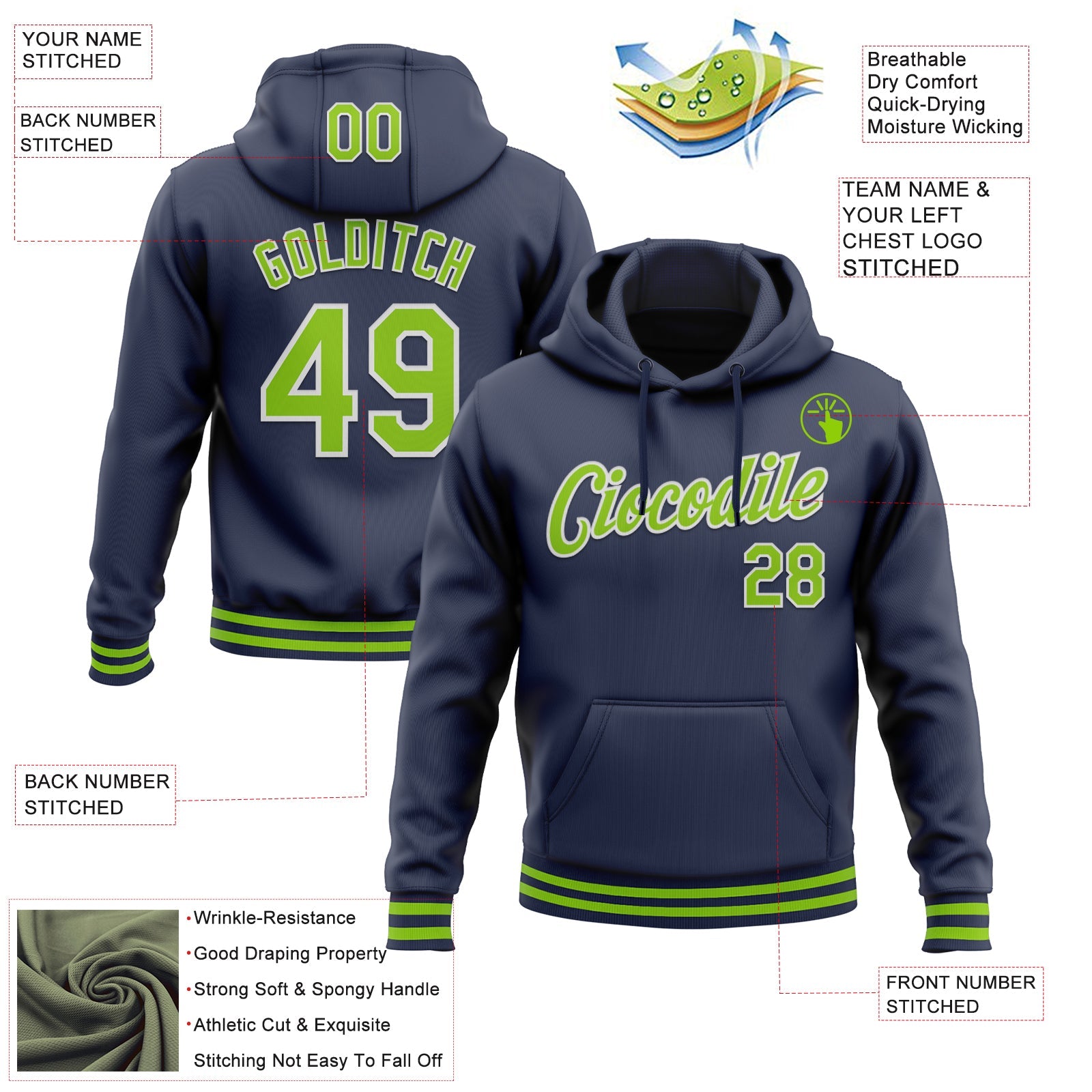 Custom Stitched Navy Neon Green-White Sports Pullover Sweatshirt Hoodie view 3