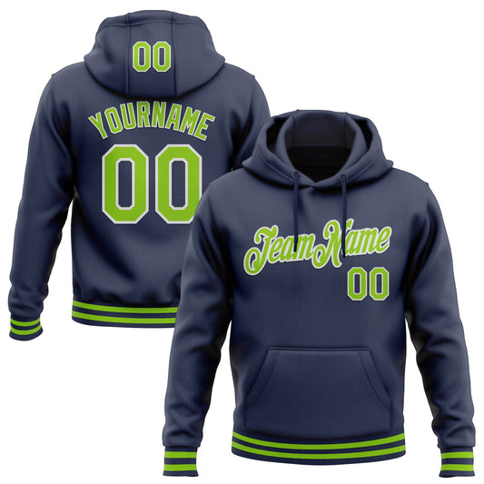 Custom Stitched Navy Neon Green-White Sports Pullover Sweatshirt Hoodie - Main View