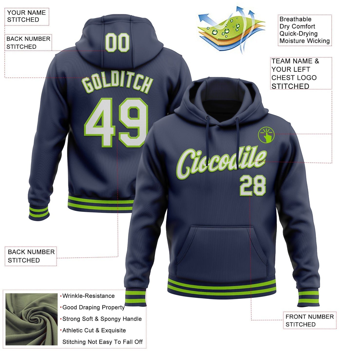 Custom Stitched Navy White-Neon Green Sports Pullover Sweatshirt Hoodie view 3